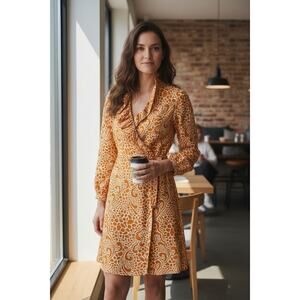 Elizabeth McKay orange white ruffle neck wrap silk sheath dress sz 4